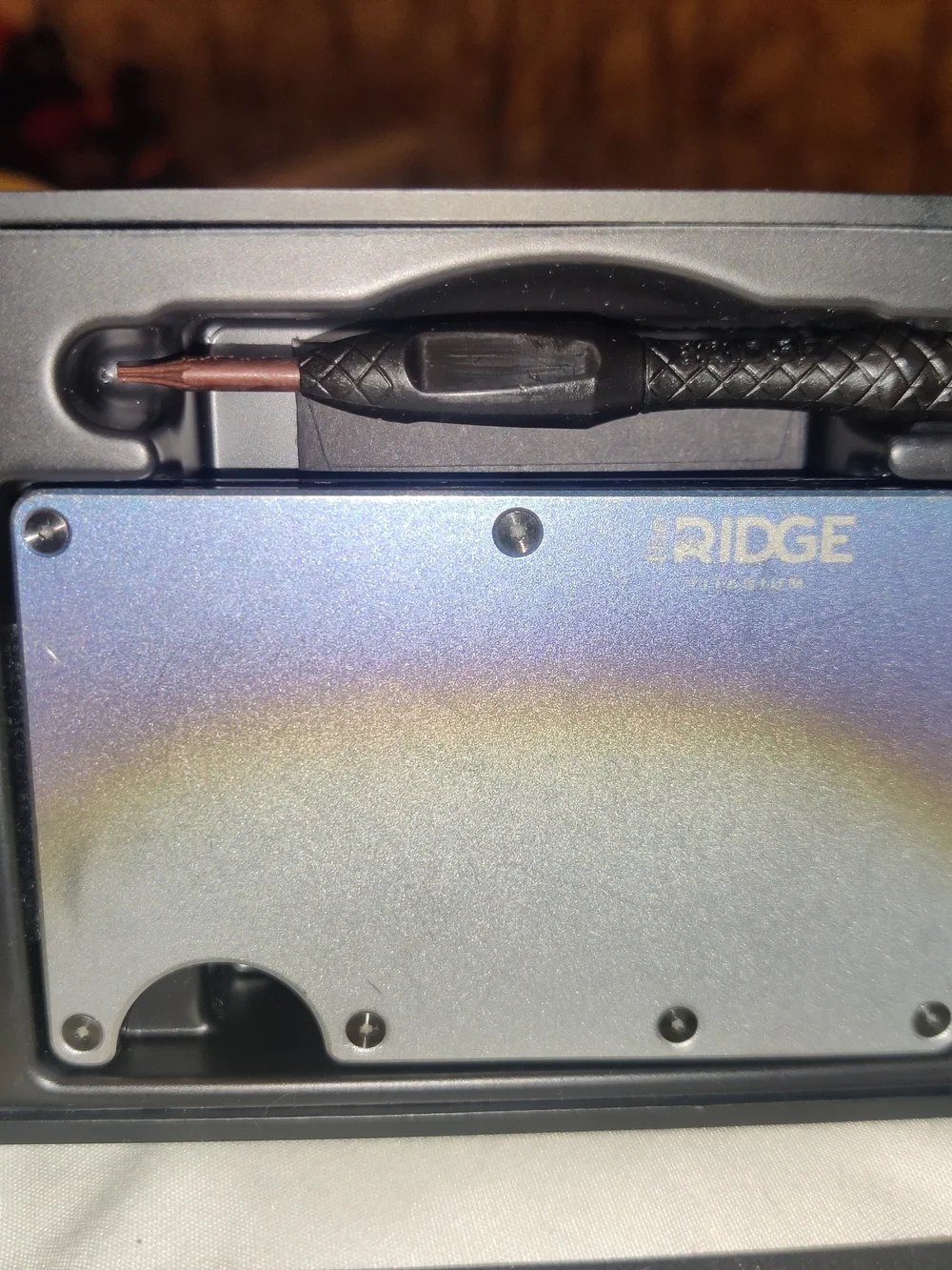 The Ridge RFID Block Men's Wallet W/$$ Strap Burnt Titanium(Has A Few Scratches)